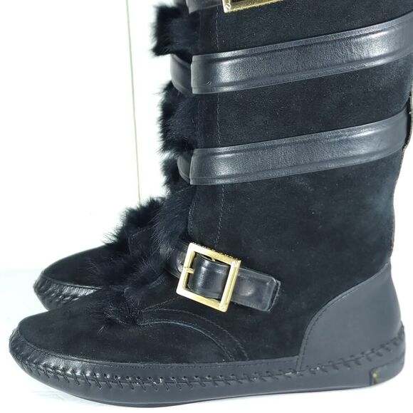 Tory Burch Women's Jaden US8 Black Rabbit Fur Lined Leather Suede Winter Boots - Picture 2 of 16
